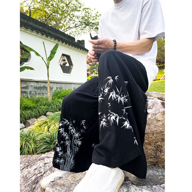 现货！新中式风男士竹叶印花棉麻八分裤K211-P60-控88图片