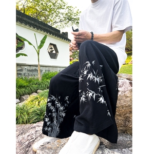 现货！新中式风男士竹叶印花棉麻八分裤K211-P60-控88图片