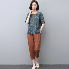 新款韩版大码遮肉印花复古棉麻衬衫女夏短袖遮肚子上衣，女装套装/套裙，璐依舞