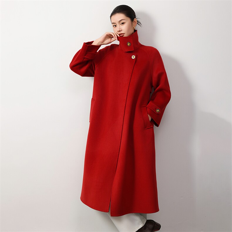 2024秋冬新款双面羊绒大衣女立领系带赫本风高级感毛呢外套中长款,女装双面呢大衣,岳达羊绒