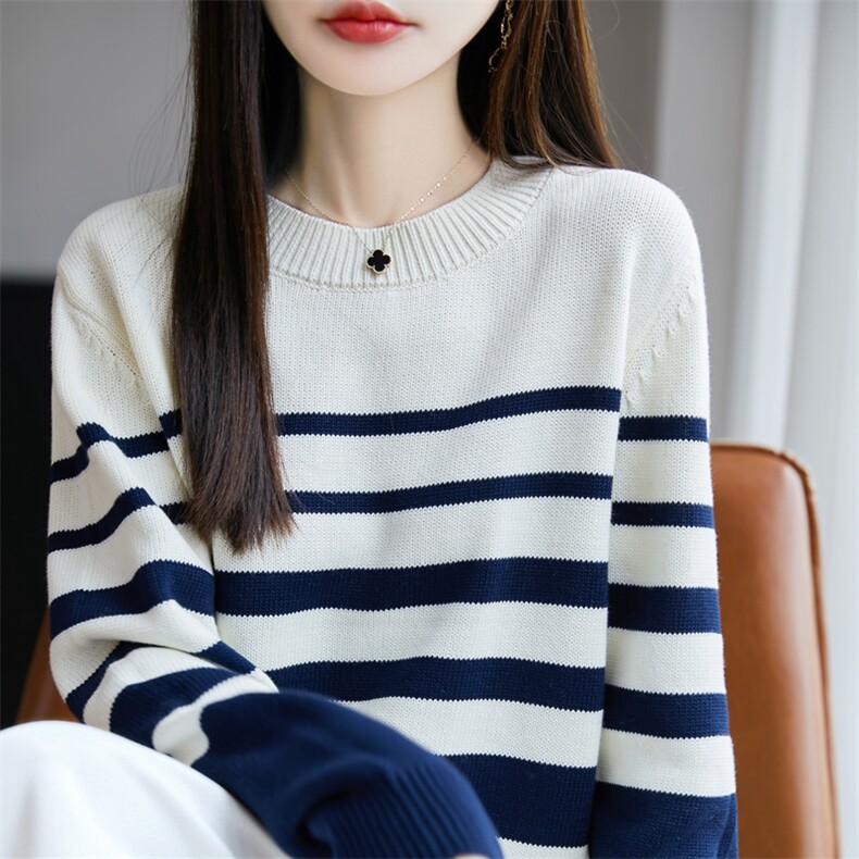 2025年秋季新款百搭女士条纹长袖拼色圆领针织衫,针织衫/毛衣,丹芙娇羊绒