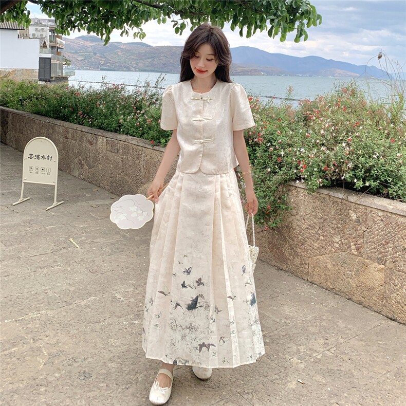 夏季新品！新中式蝴蝶印花纹理盘扣马面裙套装B208-9060-P155K218,女装套装/套裙,浙宝208