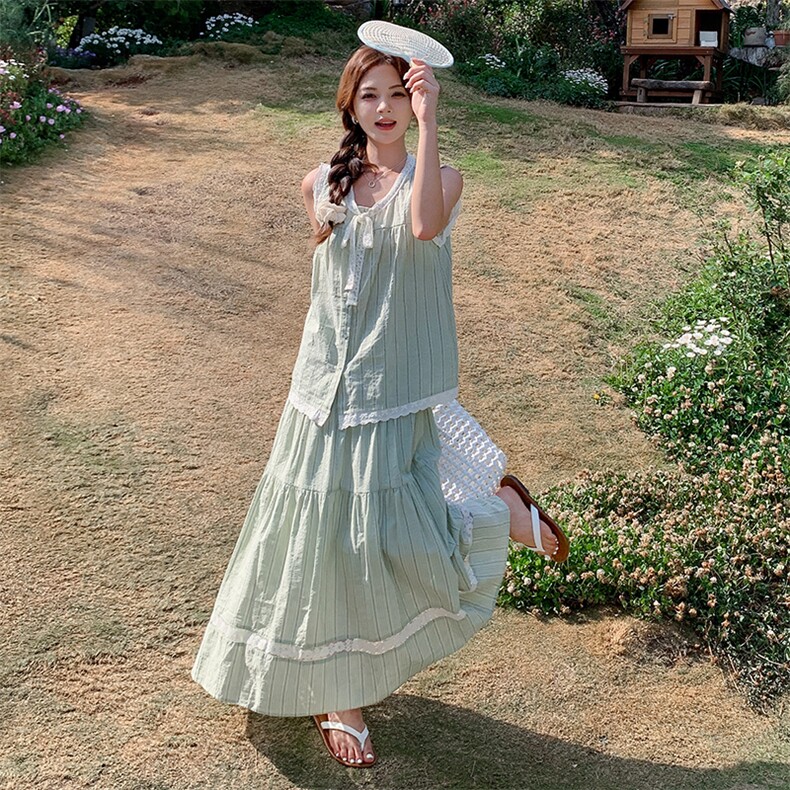 绿色氛围感减龄条纹套装裙女蕾丝边上衣2025夏季新款半身裙两件套,女装套装/套裙,含赞