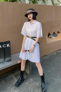 夏新款，真二件套西装领压皱连衣裙图片