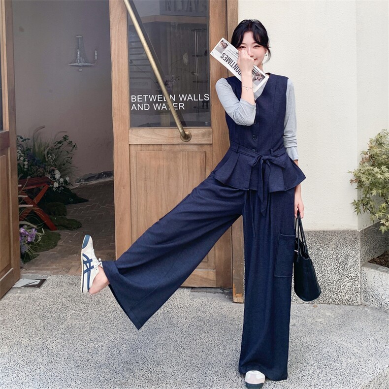 韩系简约高级感淡人穿搭套装女2025夏季休闲撞色上衣阔腿裤两件套图片