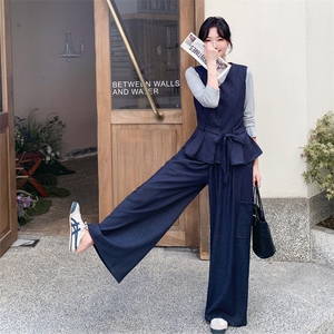 韩系简约高级感淡人穿搭套装女2025夏季休闲撞色上衣阔腿裤两件套图片