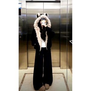 现货重磅硬挺boxy羽绒棉衣座山雕猫耳大毛毛领麂皮棉服冬外套图片