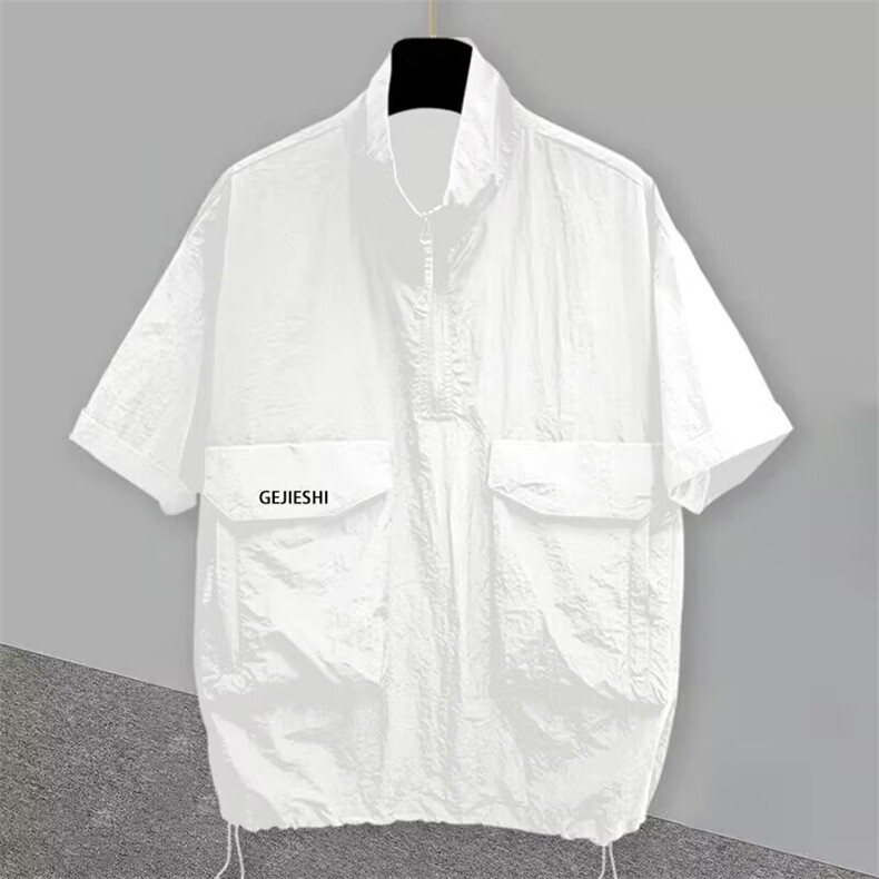 半拉链立领短袖t恤男夏季潮牌工装立体口袋设计半袖体恤休闲宽松图片