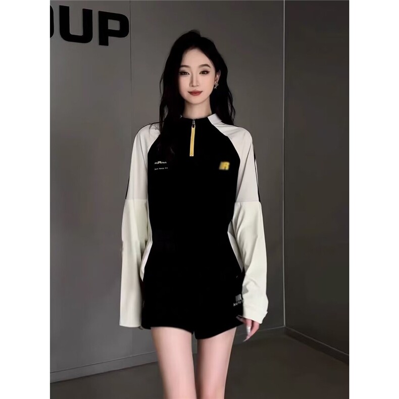 美式黑白拼接半拉链长袖T恤女2025早春秋新款今年流行的短款上衣,女装T恤,星座506A