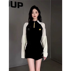 美式黑白拼接半拉链长袖T恤女2025早春秋新款今年流行的短款上衣，女装T恤，星座506A