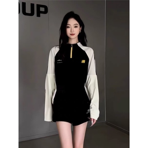 美式黑白拼接半拉链长袖T恤女2025早春秋新款今年流行的短款上衣图片