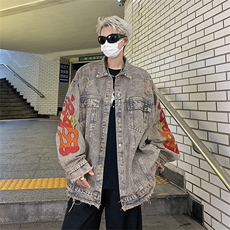 秋款男牛仔夹克衫火焰刺绣字母印花流苏外套JK8322P65，男装夹克，星座1013-1