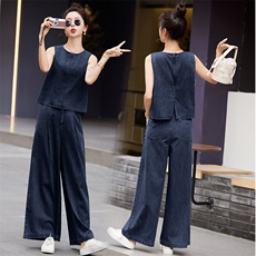 时尚蕾丝花边牛仔套装女2025春季新款超火穿搭短外套阔腿裤两件套，女装套装/套裙，悠米