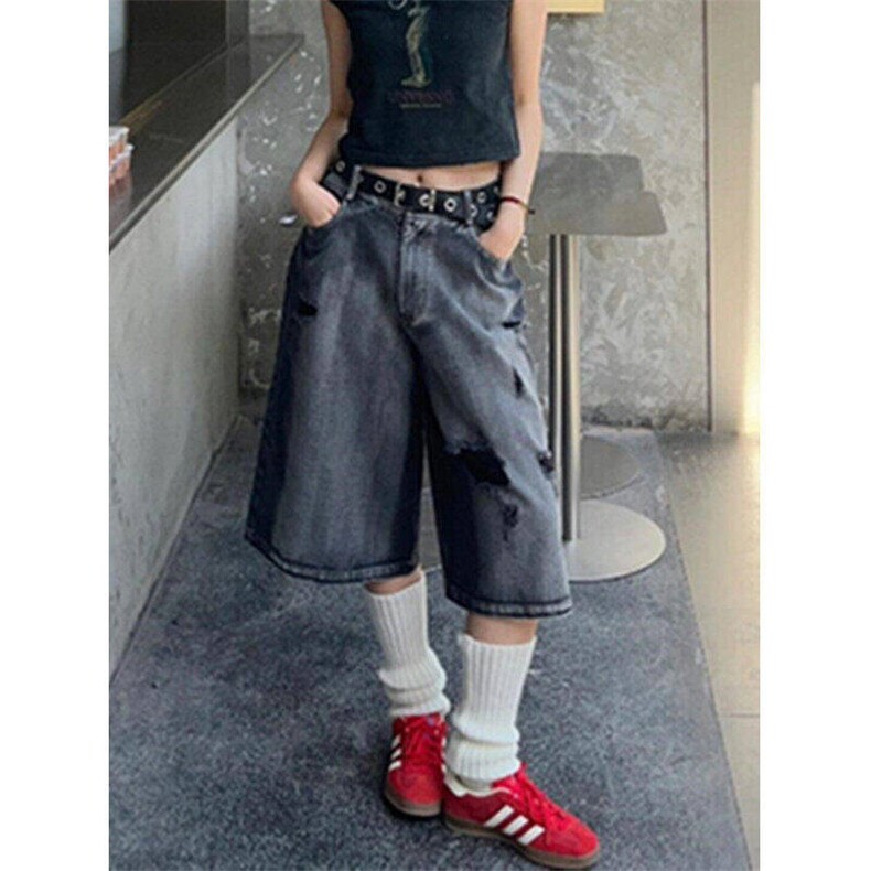 美式水洗七分牛仔裤男女夏季hiphop宽松帅炸街阔腿短裤L55533-P43图片