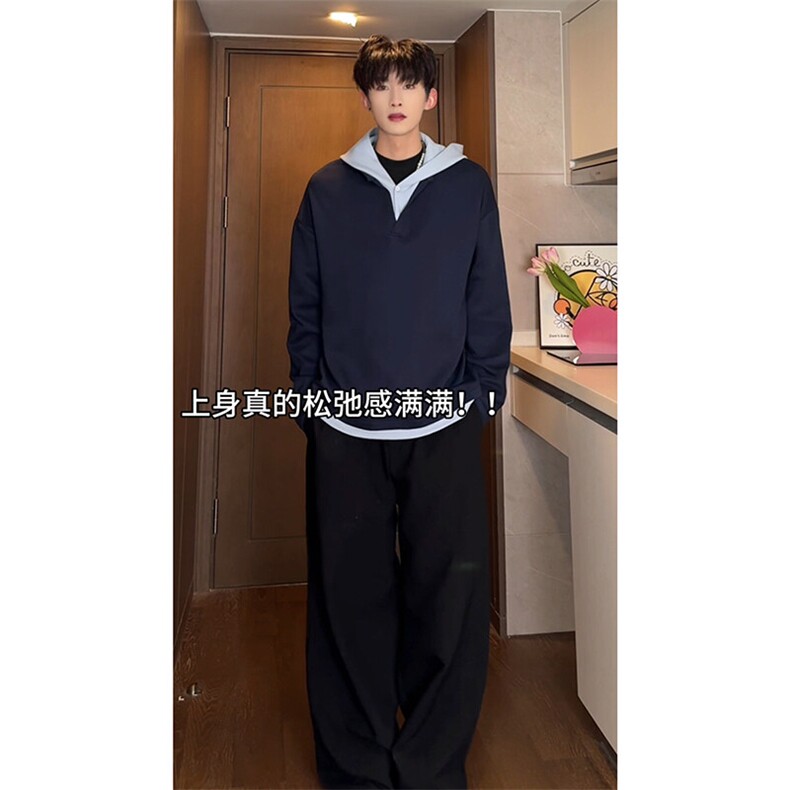 假两件拼色个性潮流连帽卫衣320克高克重情侣款百搭卫衣HY709TP48,男装卫衣,电商A102B