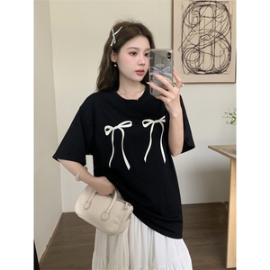 T0661-P25 2025新款学院风甜美蝴蝶结纯棉印花短袖 宽松版上衣图片