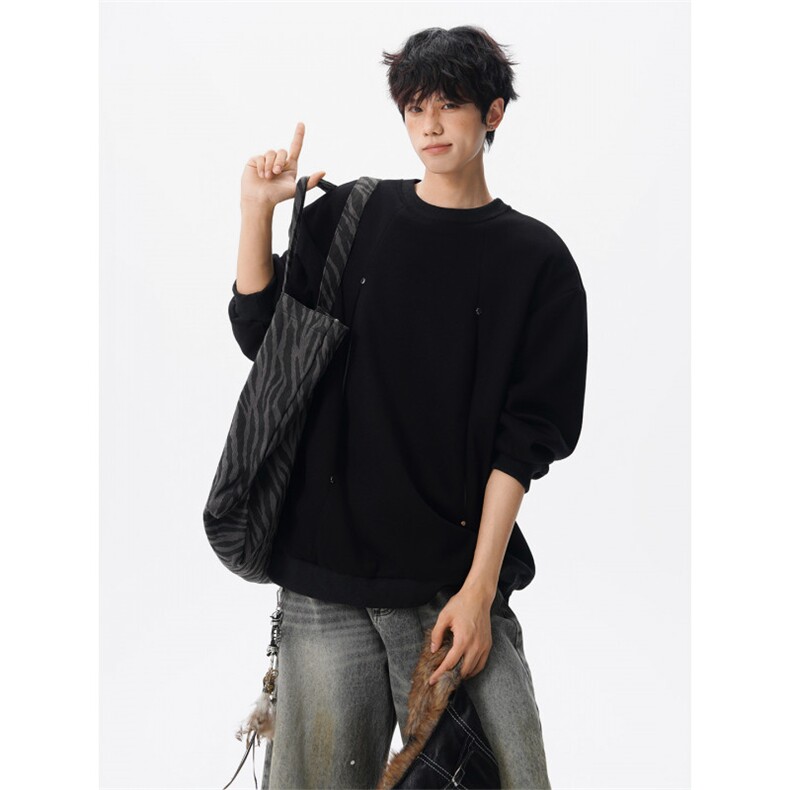 WY10152-特P45 控78 小众撞色拼接破缝假两件大码男大码情侣卫衣图片