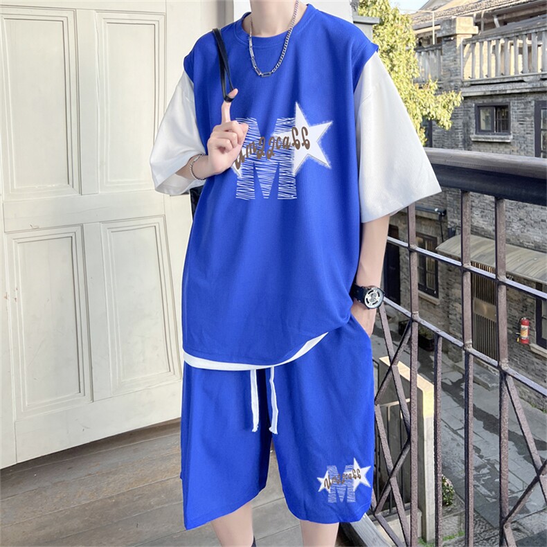 华夫格套装潮流休闲短袖短裤两件套FTZ3053-P55控78,男装牛仔裤,电商B370