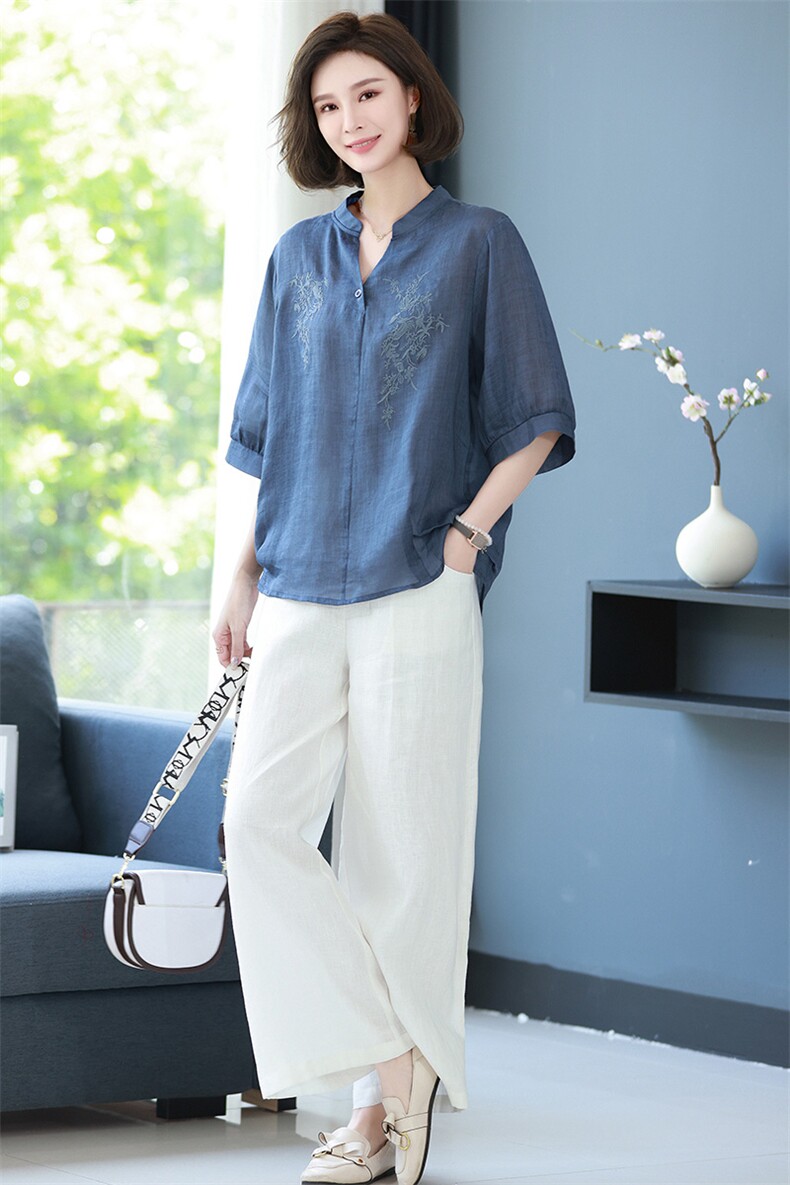 2025夏季新款亚麻两件套休闲时尚高端苎麻上衣中年妈妈棉麻套装女,女装套装/套裙,丽影随形