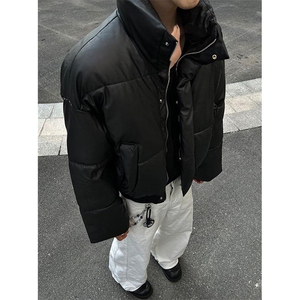 现货5W件冬季三防重磅硬挺boxy短款羽绒立领PU皮棉衣外套加厚棉服图片