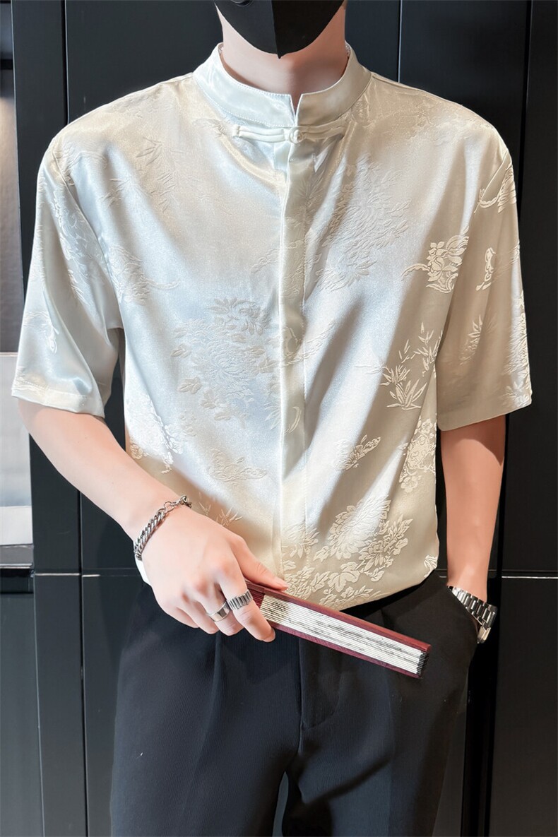 夏季新中式风立领竹叶短袖衬衫男冰丝衬衣A236-0861-特P35,男装T恤,电商A236