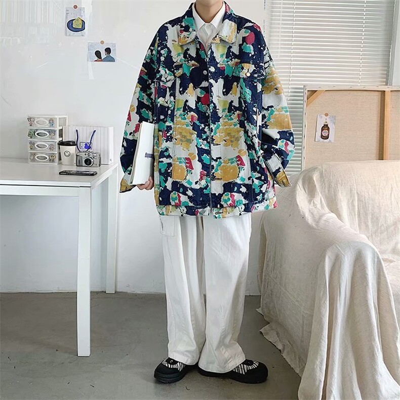 涂鸦迷彩牛仔秋季潮牌宽松工装夹克港风ins百搭衣服潮W1477-P61,男装夹克,星座512-2