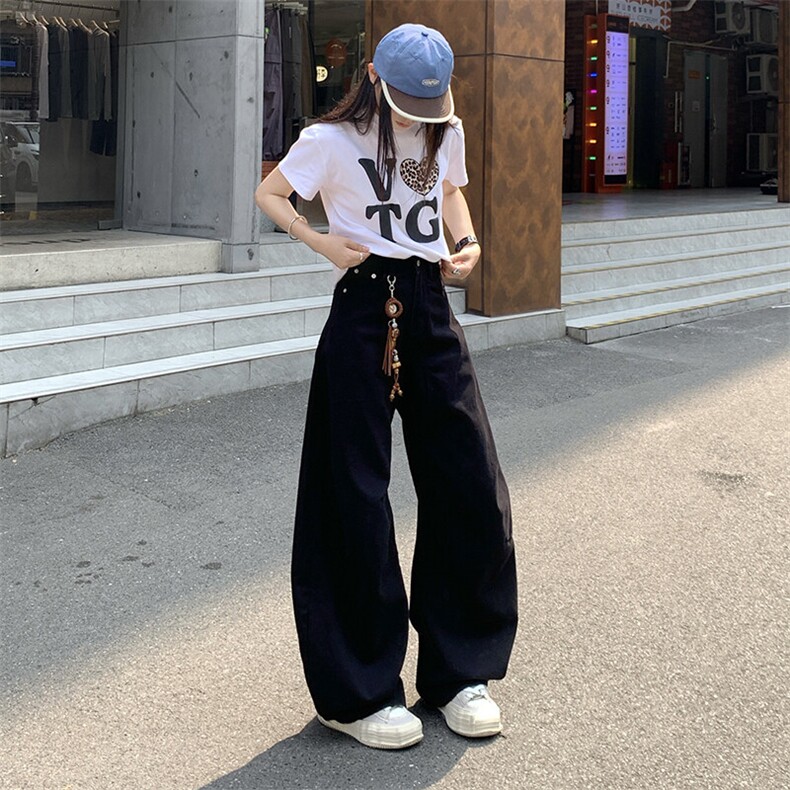 美式高街vibe牛仔裤女夏季新款韩版宽松百搭弯刀阔腿裤YD9001-P65图片