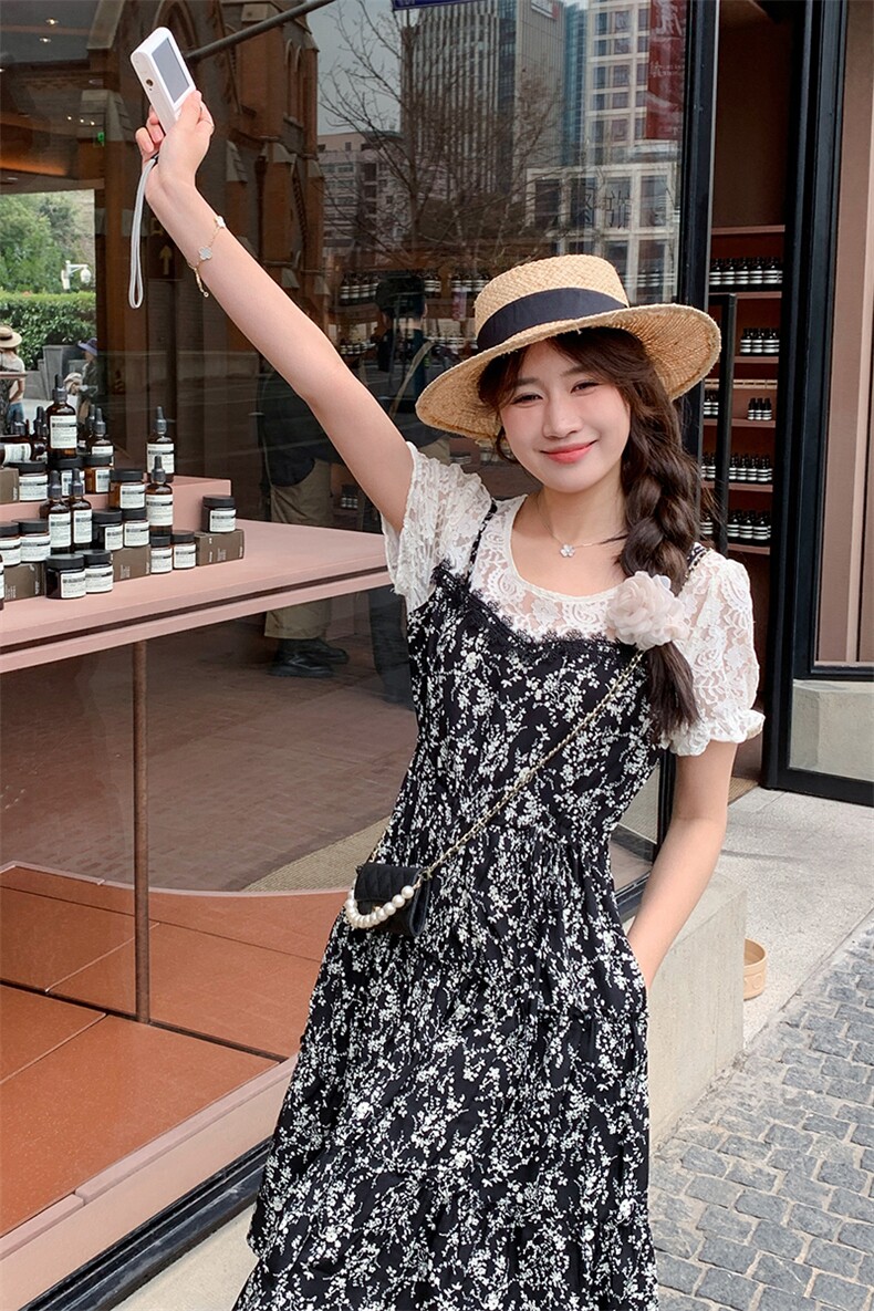 法式复古假两件碎花连衣裙女2025夏季新款韩版收腰显瘦气质长裙子,女装连衣裙,2C087