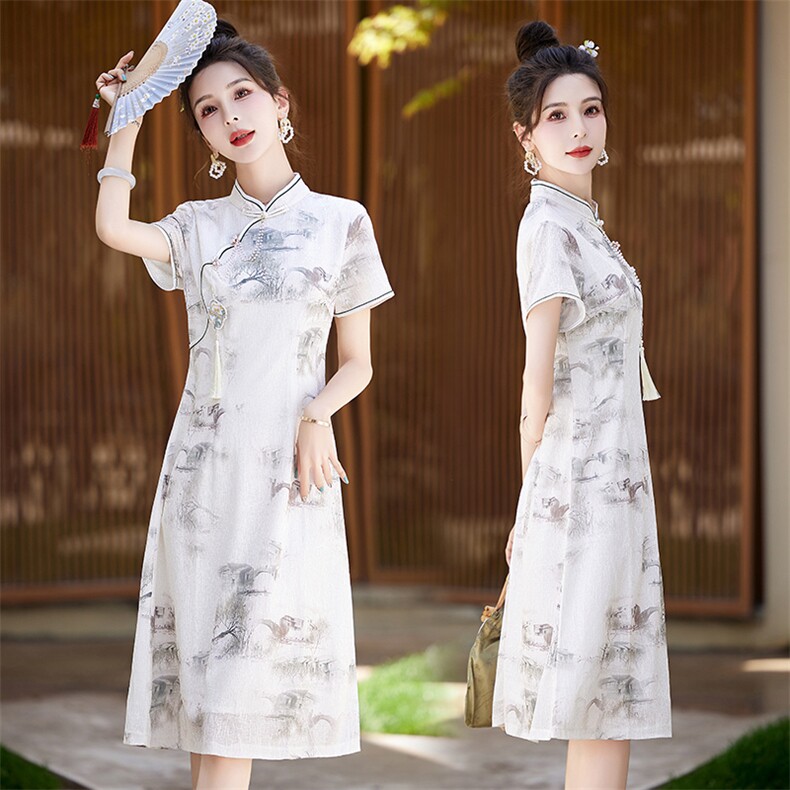 新中式素雅水墨印花连衣裙女2024夏季新款小个子修身国风旗袍裙子,女装连衣裙,艾仟回(原伊仟回)