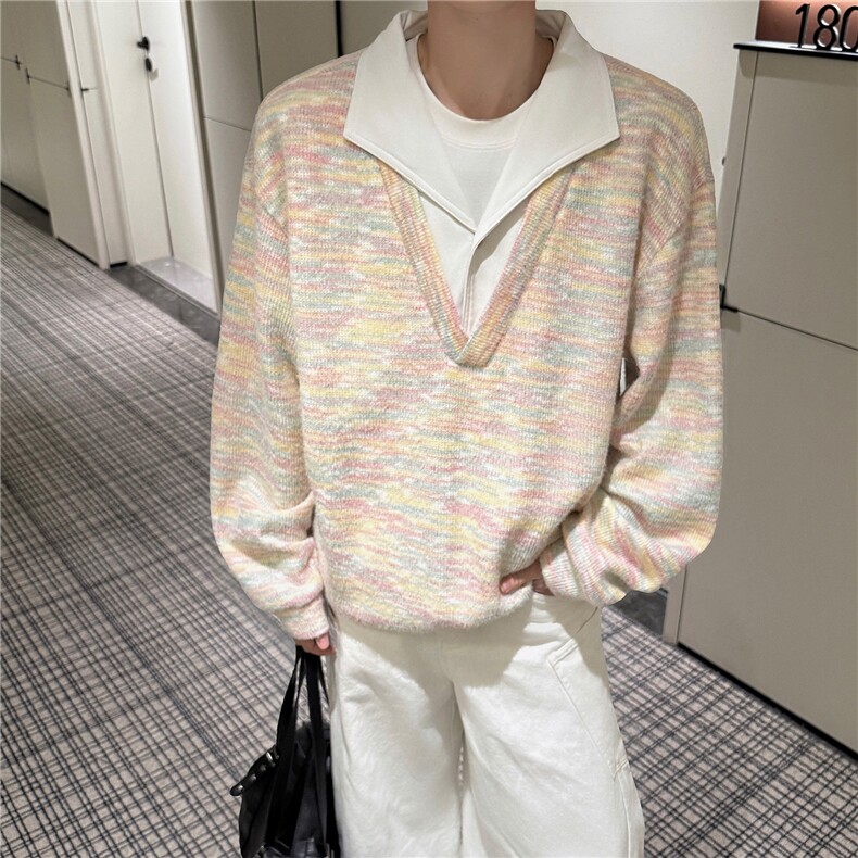 美式男士卫衣慵懒风彩点假两件翻领毛衣外衣宽松休闲针织衫，男装针织衫/毛衣，电商B319