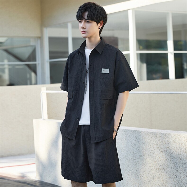 休闲套装男夏季薄款衬衫男士短袖短裤两件套衬衣帅气Y2505-P105,男装休闲套装,电商A355（原A415）
