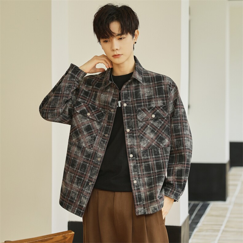 B3533319P105红秋季新款男士厚款格子衬衫夹克韩版外套男，男装夹克，电商B353