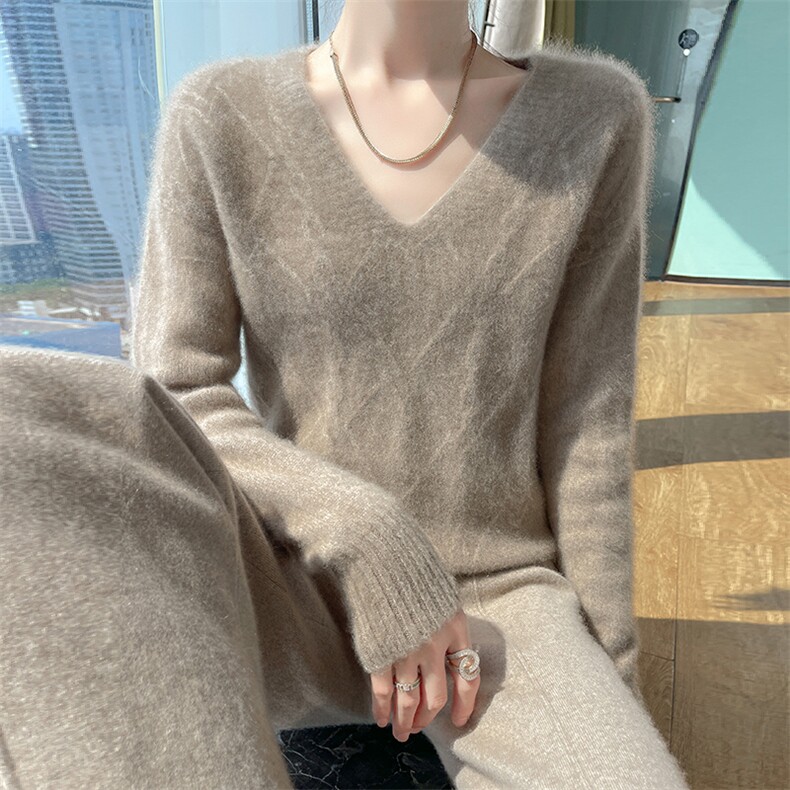 2025秋冬V领100%纯羊毛衫女菱形扭花长袖针织毛衣宽松羊绒打底衫,女装羊毛衫,暮绒羊羊绒