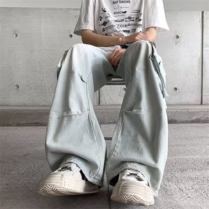 美式复古街头多口袋工装牛仔裤男士宽松设计感百搭阔腿长裤图片