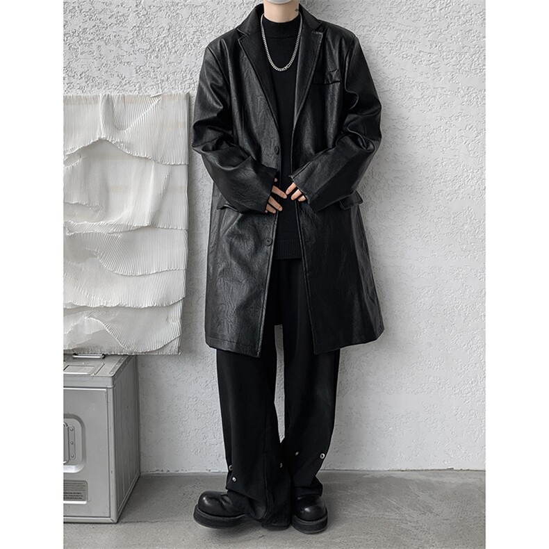 8XL-M美式皮衣复古宽松暗黑中长款PU西装皮风衣男PY859P138控158,男装皮衣,电商D206-1