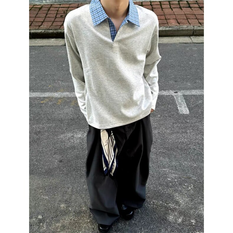 现货自制蓝色格子拼接翻领T恤长袖上衣情侣款男女CX02-TP35,男装T恤,星座910A