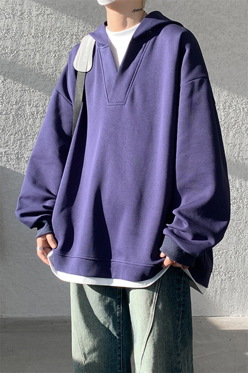 8XL-M叠穿假两件卫衣重磅连帽V领拼接套头衫宽松大码外套WY006P65,男装卫衣,电商B312