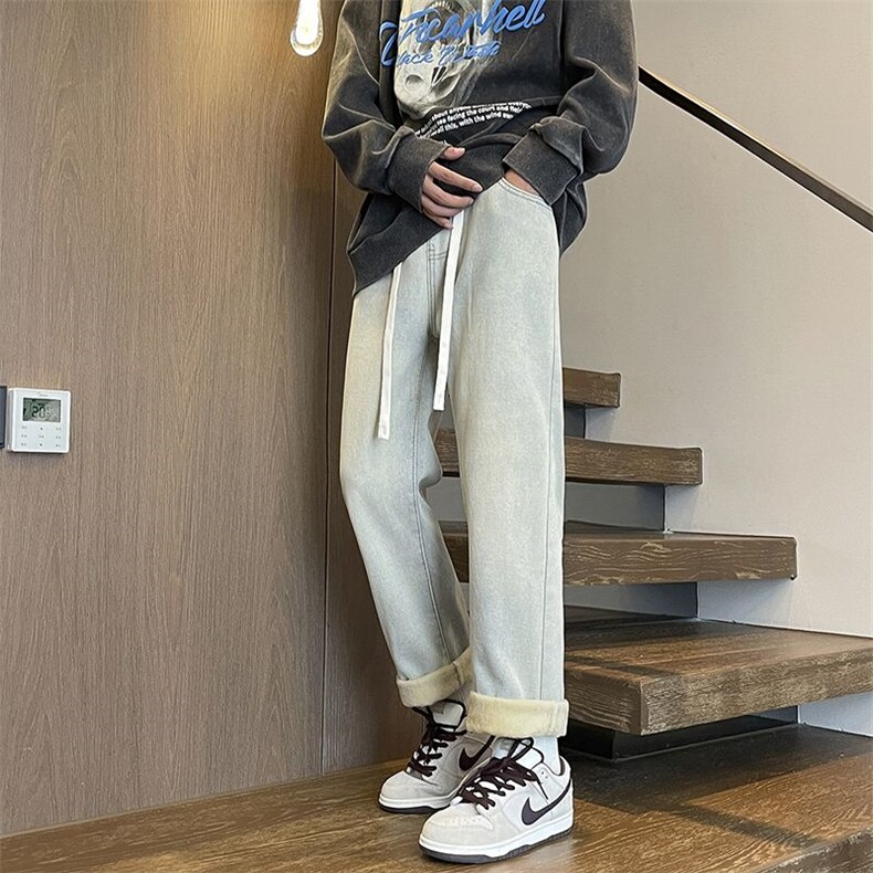 秋冬季加绒加厚高街宽松直筒修身牛仔裤男生休闲vibe男款美式裤子,男装牛仔裤,电商D325