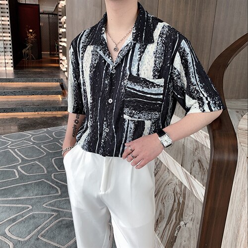 夏季网红痞帅衬衫轻奢西装领水墨画短袖衬衫ins潮男港风CS291-P58,男装衬衫,电商B267