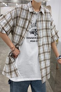21年夏季短袖衬衫男宽松落肩港风格子衬衫男DS-C407-CS309-P35图片