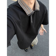 千鸟格拼接短袖polo衫男夏季老钱风重磅半袖t恤高级感痞帅五分袖，男装Polo衫，四季星座505