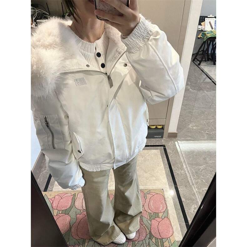 1506A/G78770/P94法式休闲高级感气质风白色连帽毛毛棉服外套加厚图片