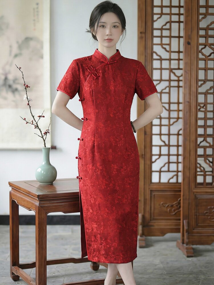 2026年夏季气质时尚修身显瘦民族风旗袍中长裙,女装汉服/婚纱/旗袍/礼服,媚琳依坊