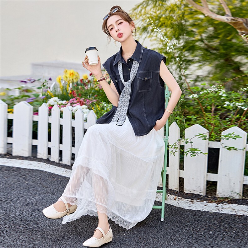 现货新款韩版宽松遮肚显瘦仙仙裙牛仔上衣两件套,女装套装/套裙,韩美纤衣