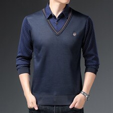 假两件长袖t恤男春秋季新款打底衫上衣中年男士商务休闲翻领卫衣，男装卫衣，电商B212（原钱塘6029）
