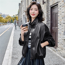 皮衣女2025秋季新款时尚帅气立领宽松皮外套，女装皮衣，英标秀（1C119）