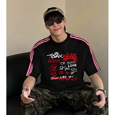 抖音得物品质二开240克宽松纯棉美式潮牌印花三条杠中性风短袖T恤，男装T恤，电商A486