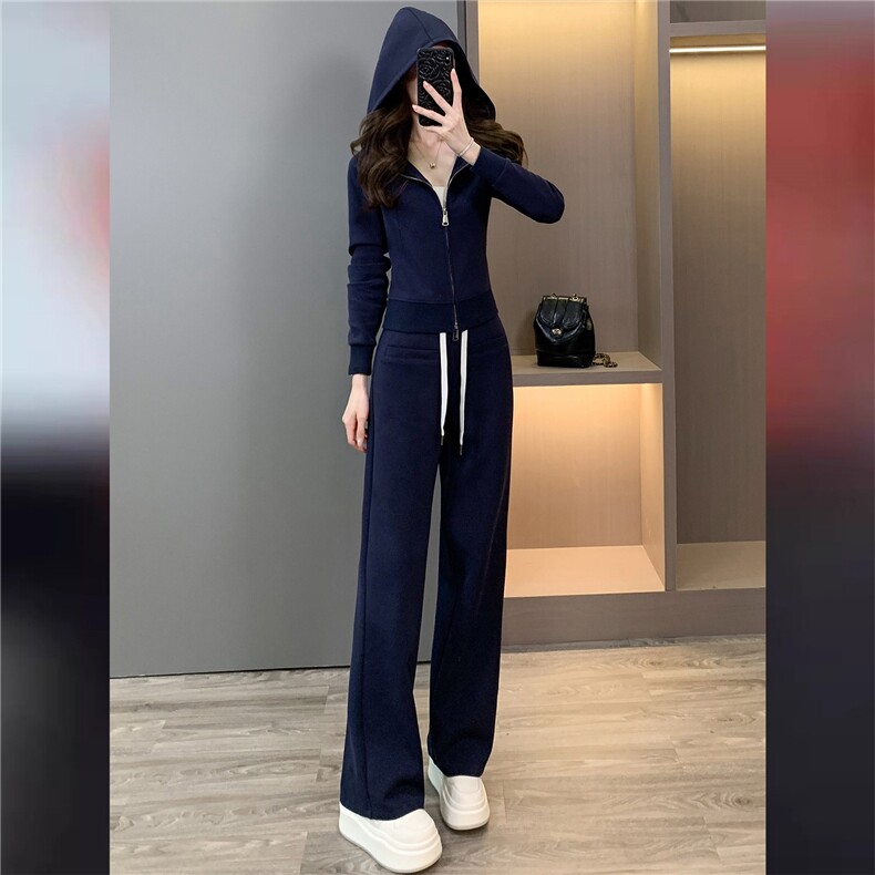高端时尚套装女秋季新款修身显瘦双头拉链开衫卫衣阔腿长裤两件套图片