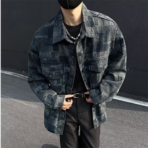 复古格纹牛仔外套男春秋季2025新款翻领夹克 JK285-P75图片