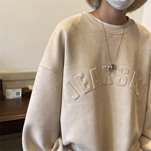 秋冬新款麂皮绒大码加绒圆领卫衣男休闲宽松型JK22317Jp85控98图片